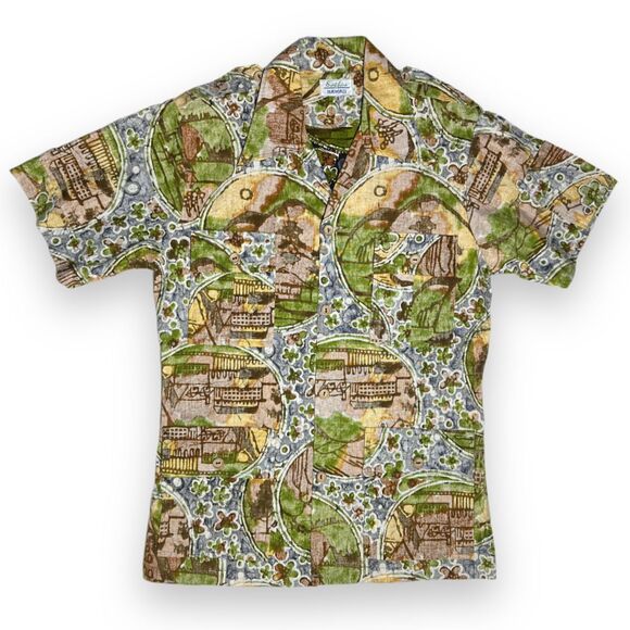 True Vintage 60s Surfline Barkcloth Hawaiian Shirt Sz M w Flap Pockets, Epaulets - Picture 1 of 14